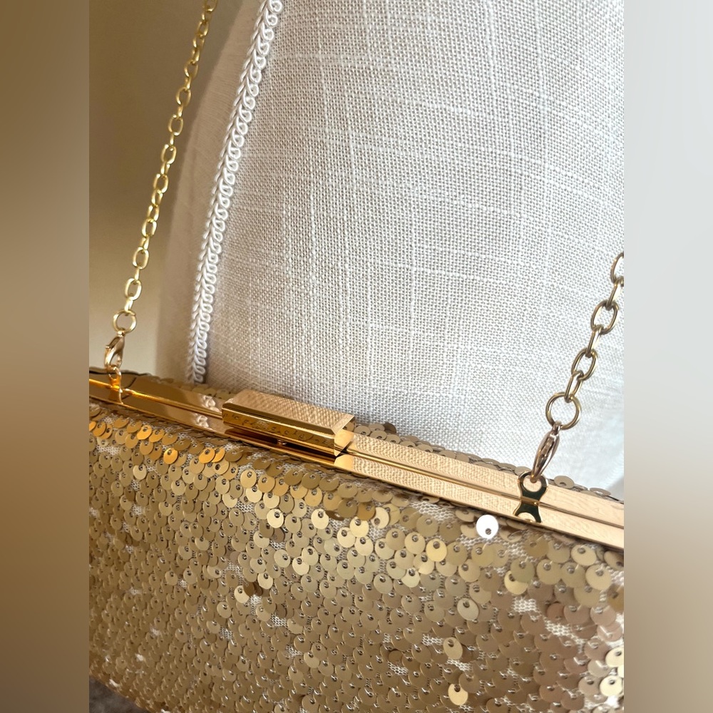 NWT 3AM FOREVER Gold Sequined Clutch Purse Cross-body Bag Metal Chain - Picture 9 of 9